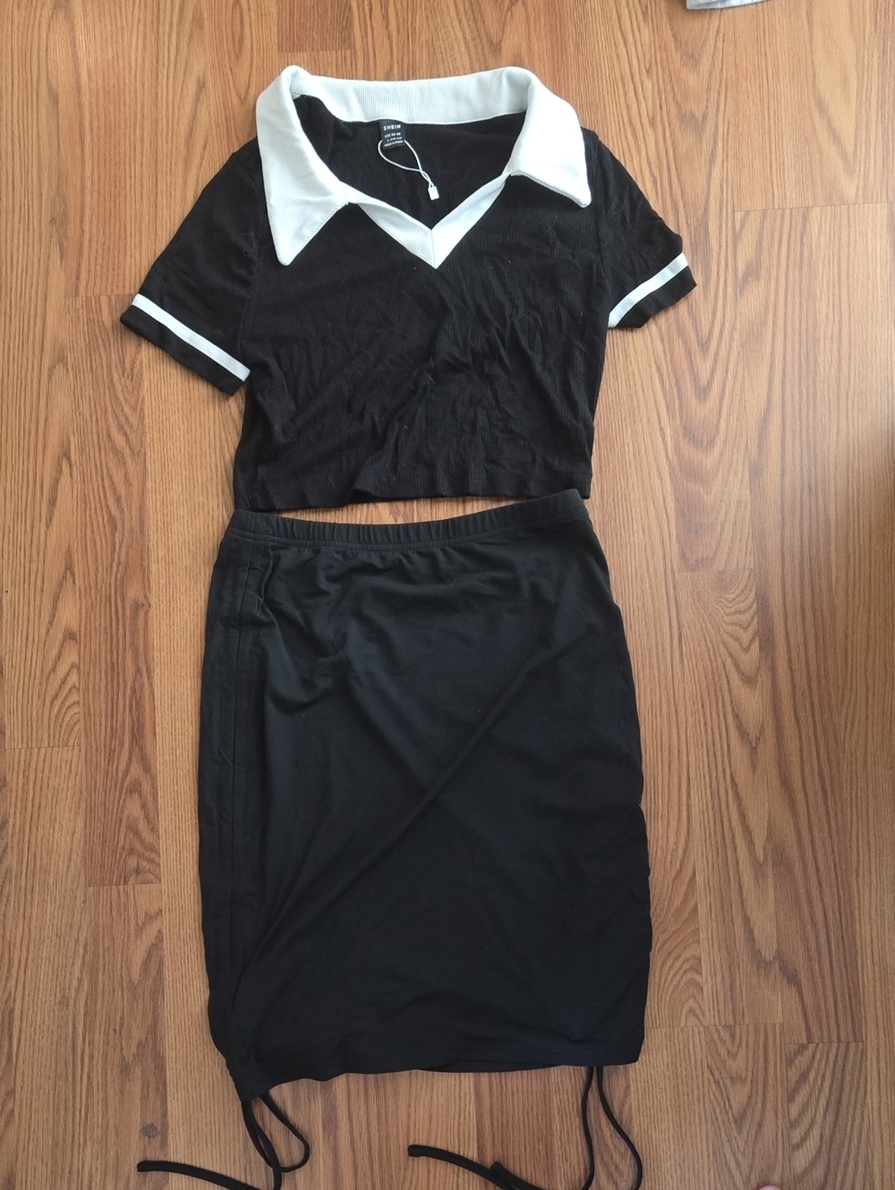 Black Crop Polo Top with Contrast White Collar - Unbranded